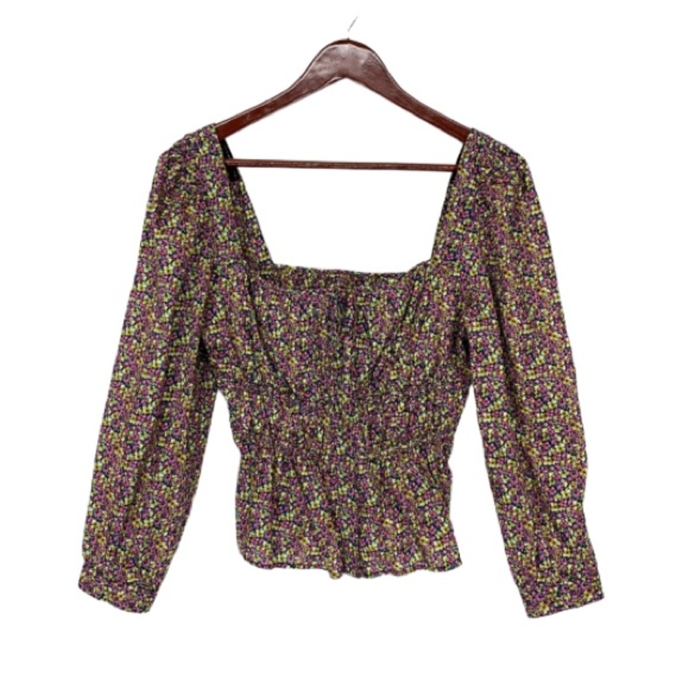 J. Crew Pink Yellow & Blue Floral Capped Long Sleeve Blouse Square Tied Neckline